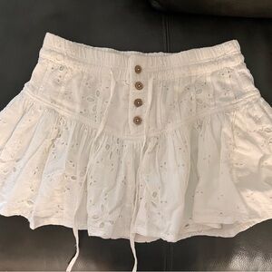 Free People White Eyelet Mini Skirt with Button and Drawstring Detail